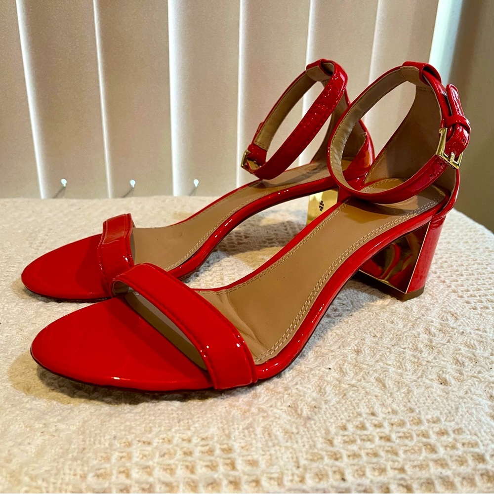 Tory Burch Red Patent Leather Block Heel Sandals